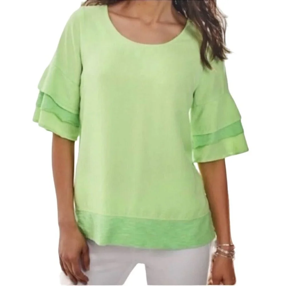 Soft Surroundings Oakleigh Margarita Green Tired Bell Sleeve Top Size M
